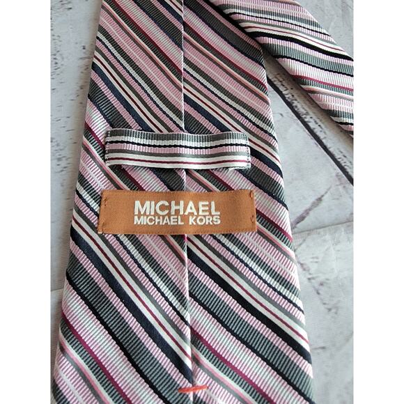 Michael Kors Pink Black Gray White Stripe 100% Silk Skinny Tie - Picture 4 of 9